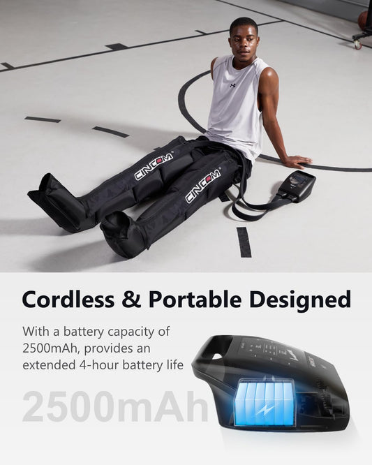 CINCOM battery-powered leg massager during use for cordless recovery sessions