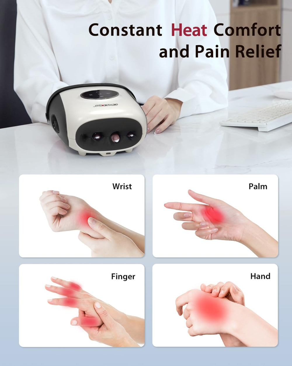 CINCOM hand massager showcasing finger-pressure feature for precise relief