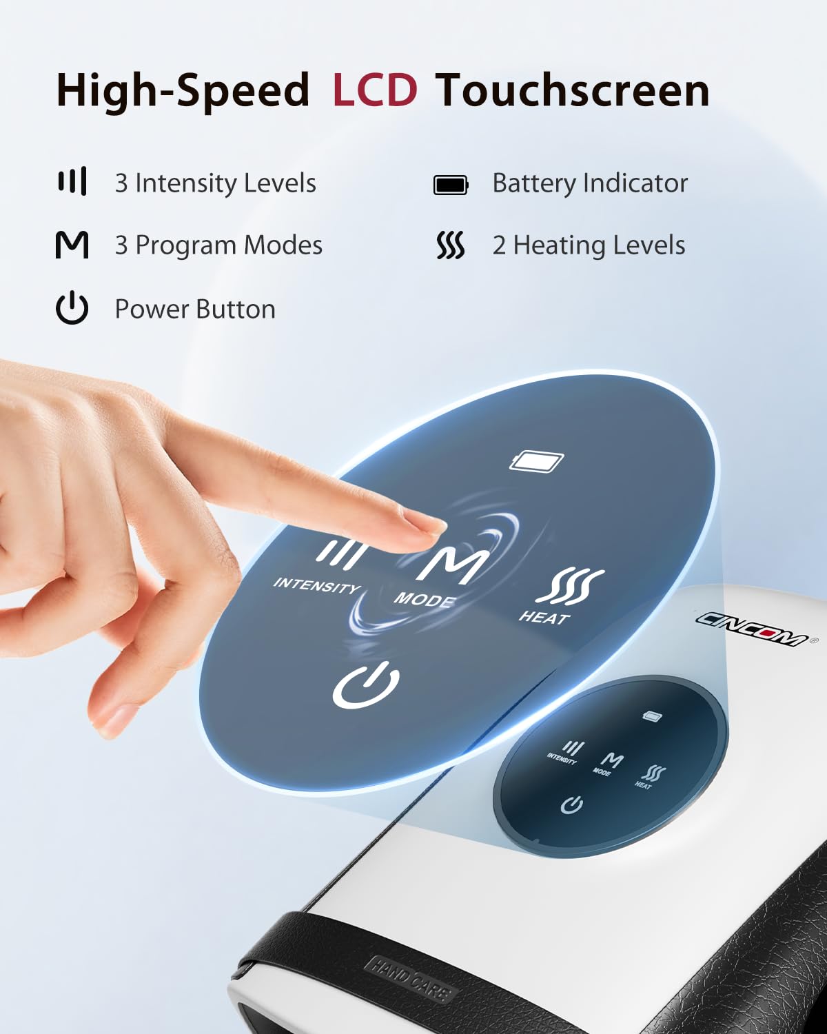 CINCOM hand massager with three intensity levels for customizable sessions