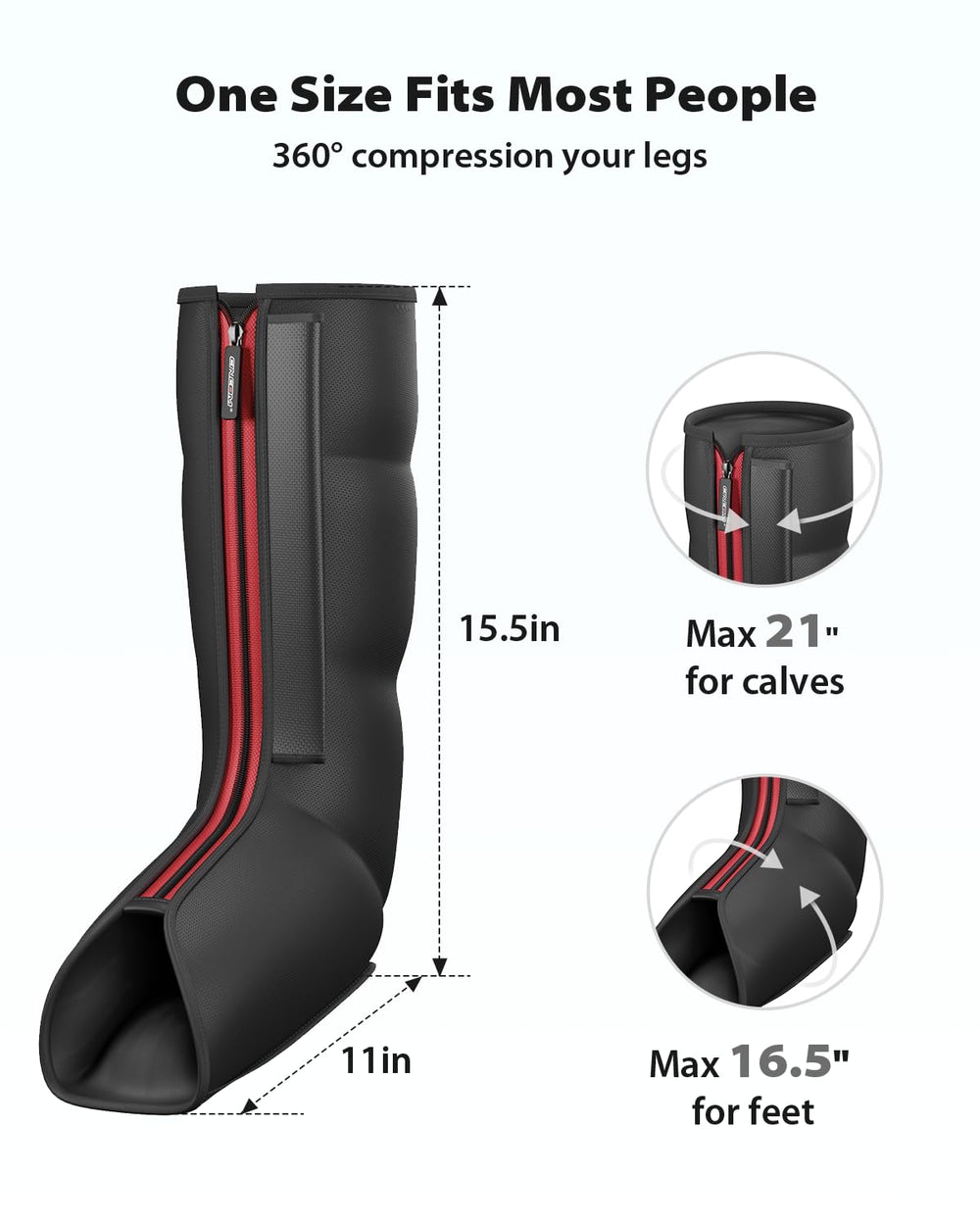 Feet fit up to 16.5 inches for secure lower-leg massage.