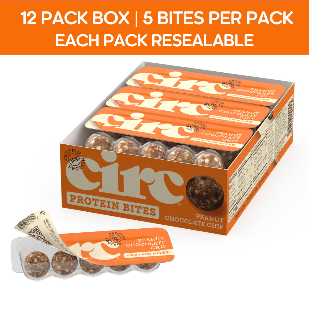 Per-5-bite serving shows 10g protein in CirC bites.
