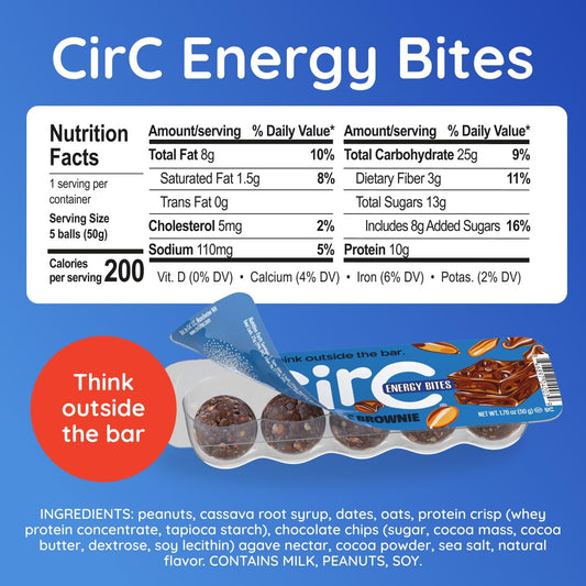 CirC Energy Bites close-up showing soft texture and chocolate brownie flavor.