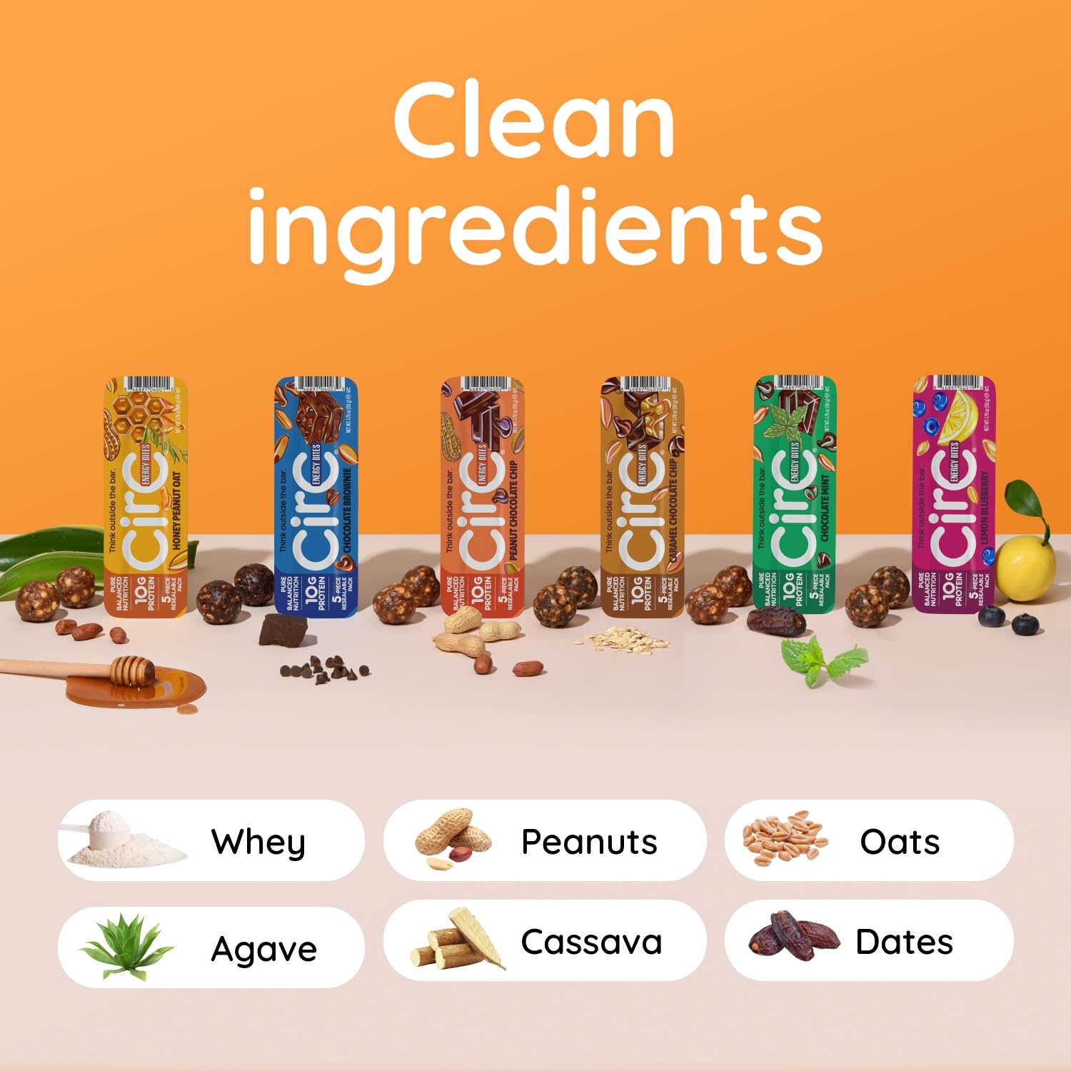 CirC Energy Bites oats, peanuts, dates ingredients display.