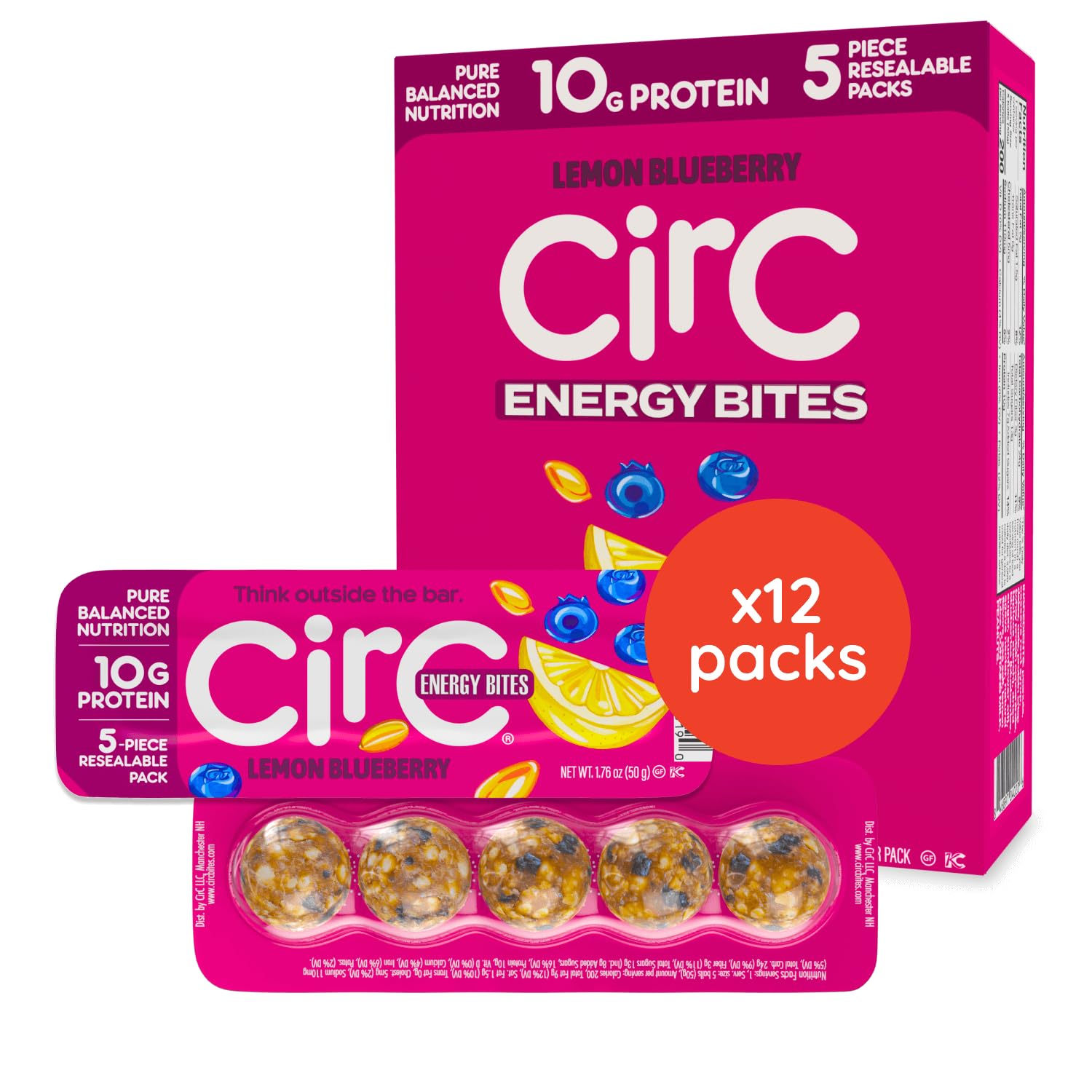 CirC Energy Bites tray showing 12 packs for on-the-go snacking.