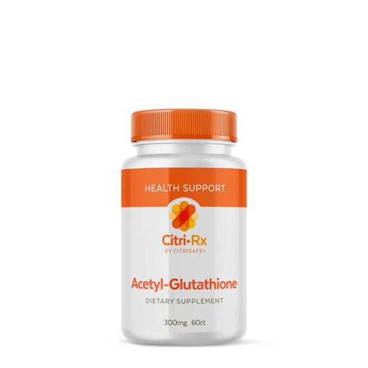 CitriRx Acetyl Glutathione 300mg bottle highlights premium formulation and dosage.