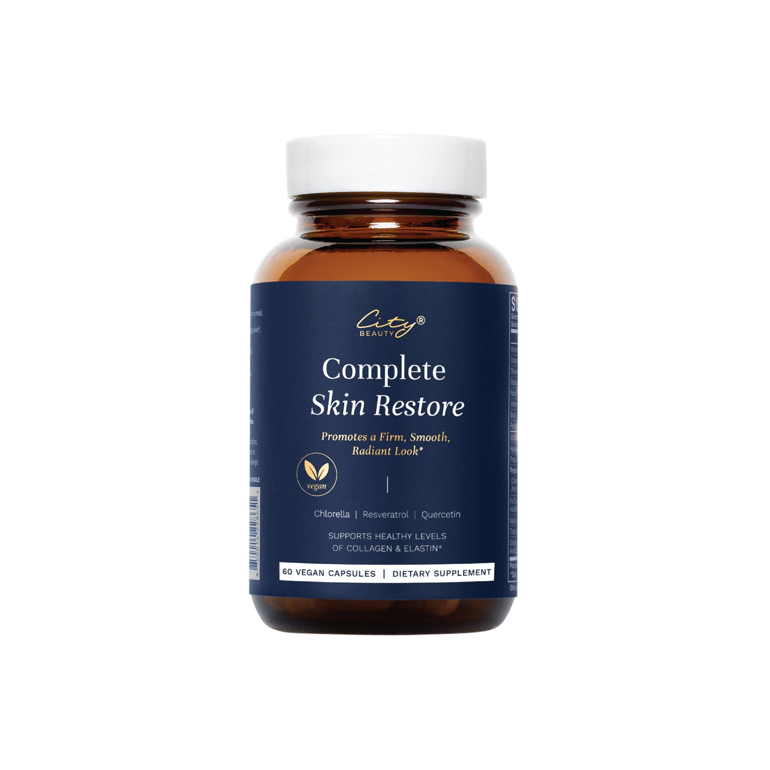 City Beauty Complete Skin Restore bottle front shows premium anti-aging formula for smoother-looking skin.