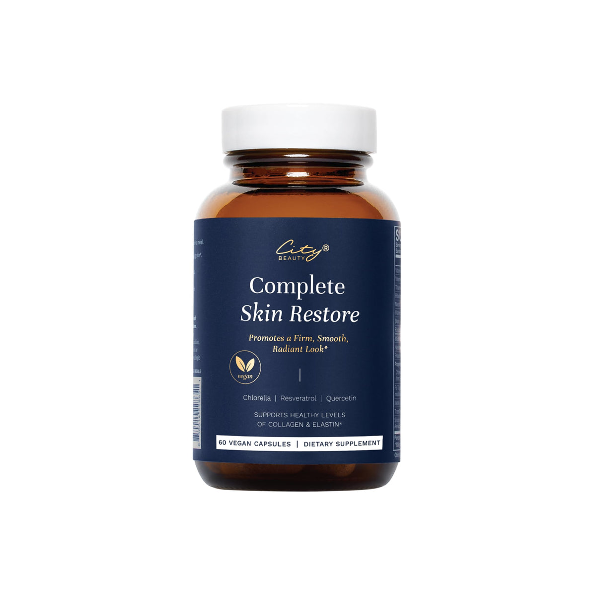 City Beauty Complete Skin Restore bottle front shows premium anti-aging formula for smoother-looking skin.