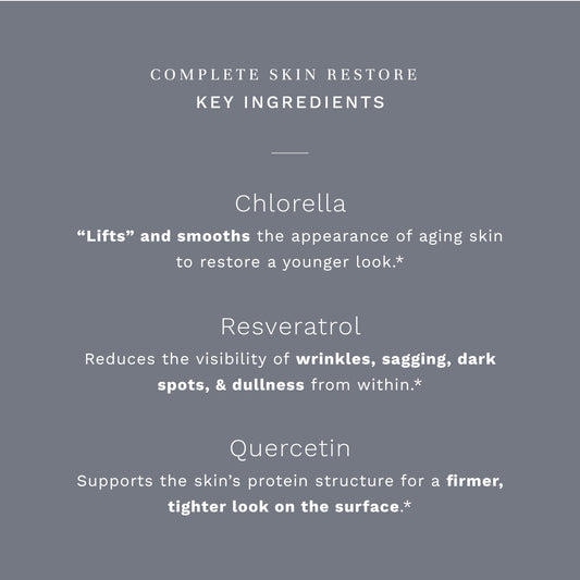 City Beauty Complete Skin Restore bottle label highlights collagen-supporting ingredients for firmer-looking skin.