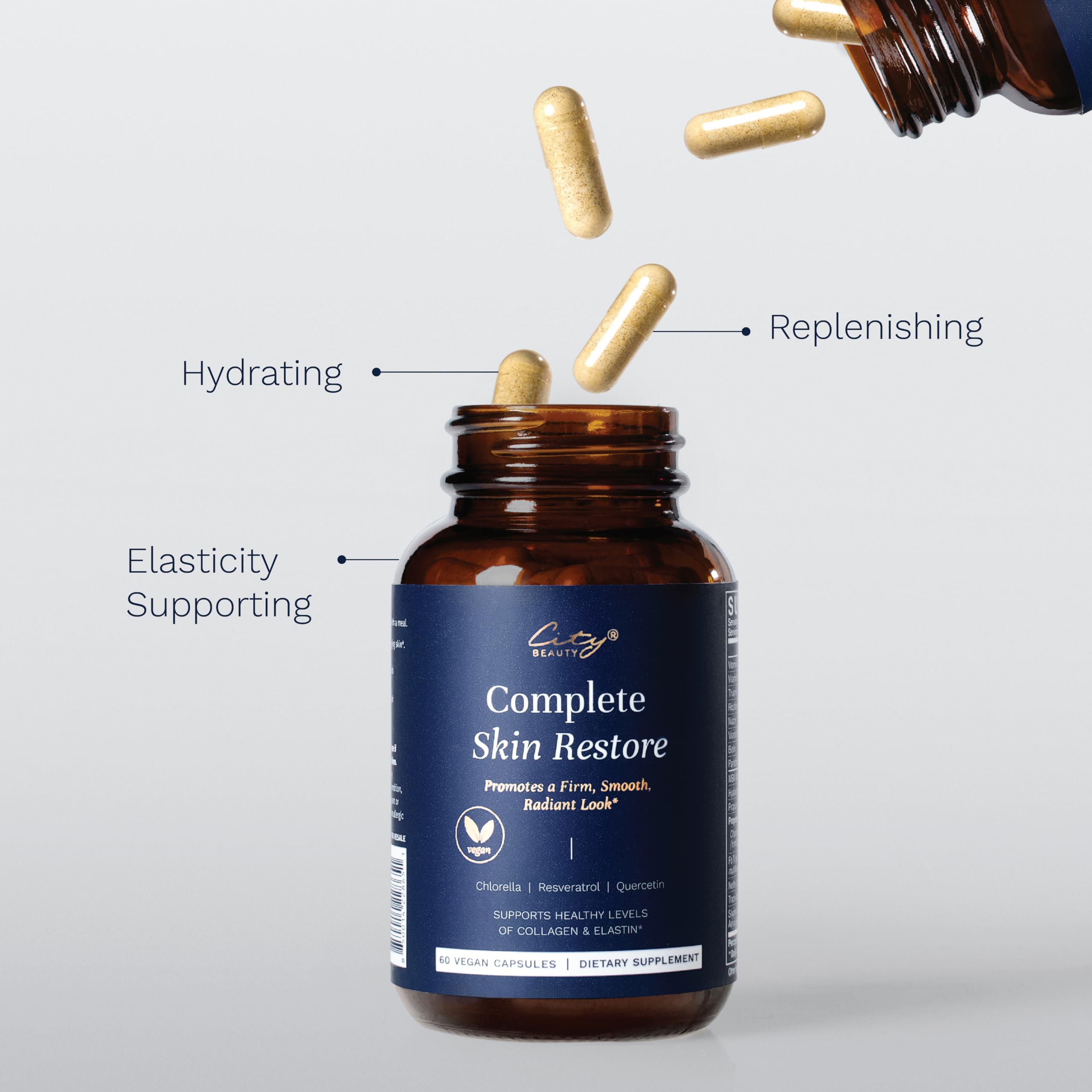 City Beauty Complete Skin Restore ingredients matrix emphasizes collagen and elastin building blocks.
