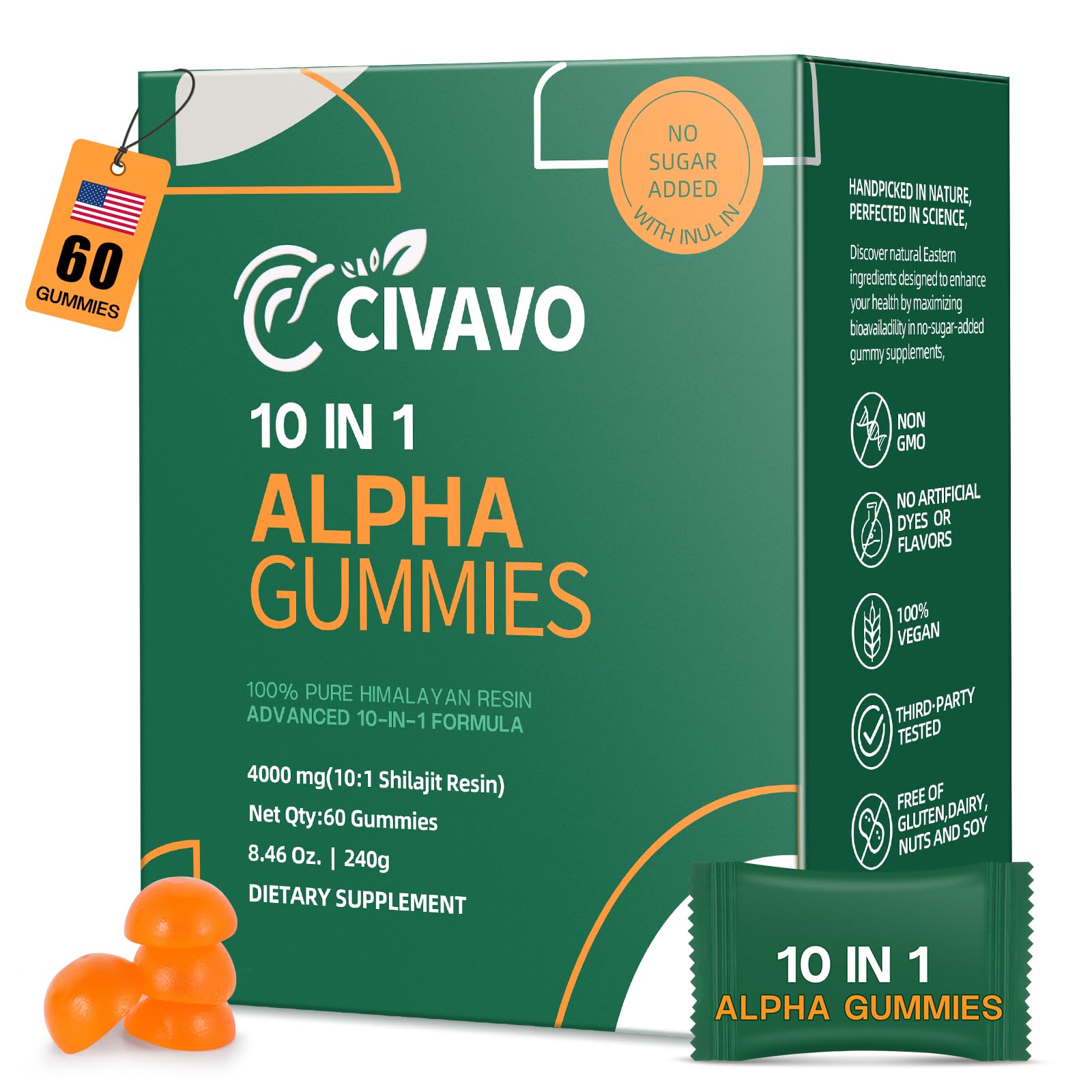 Civavo 10-in-1 Alpha Shilajit gummies bottle showing potent nutrition support.
