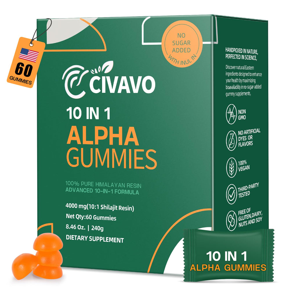 Civavo 10-in-1 Alpha Shilajit gummies bottle showing potent nutrition support.