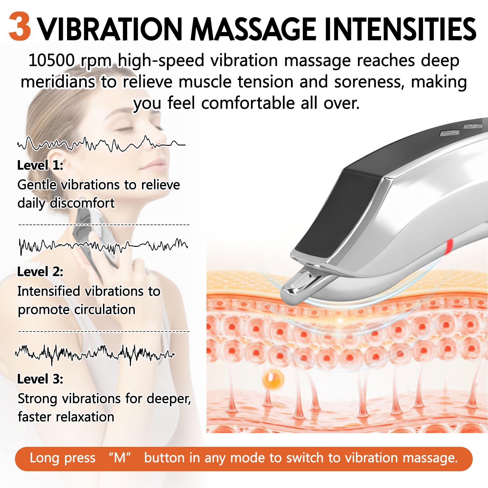 CJC tool demonstrates three vibration strengths for deeper tissue work.