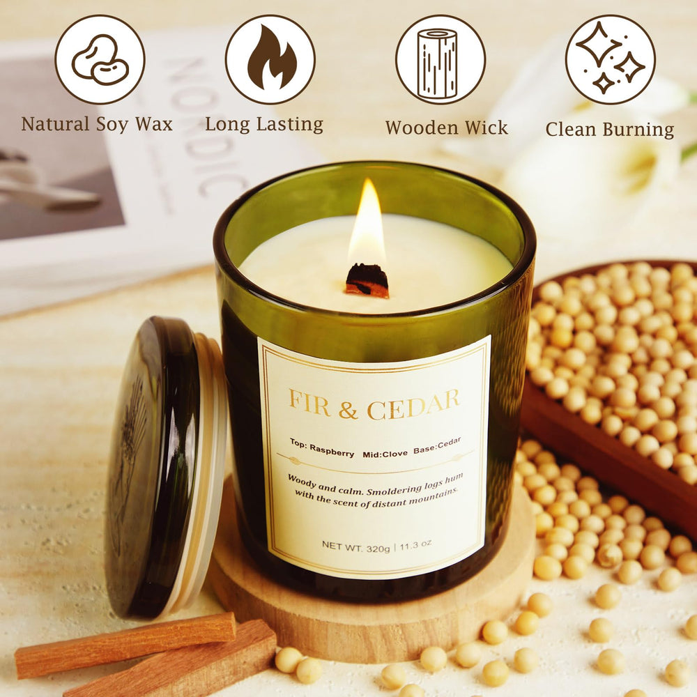 Balsam fir candle with crackling wick adds cabin-like mood