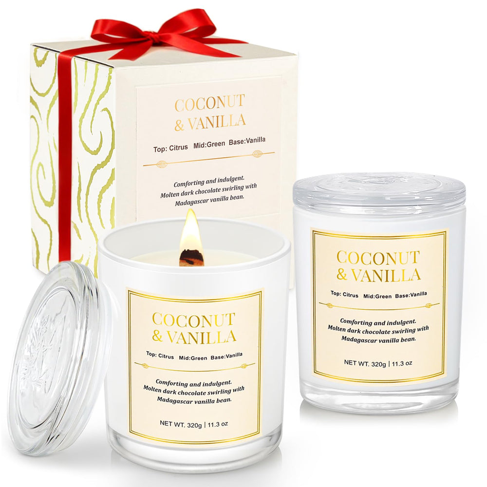 CJVIUS wood wick coconut vanilla candle in a two-pack for warm holiday ambiance.