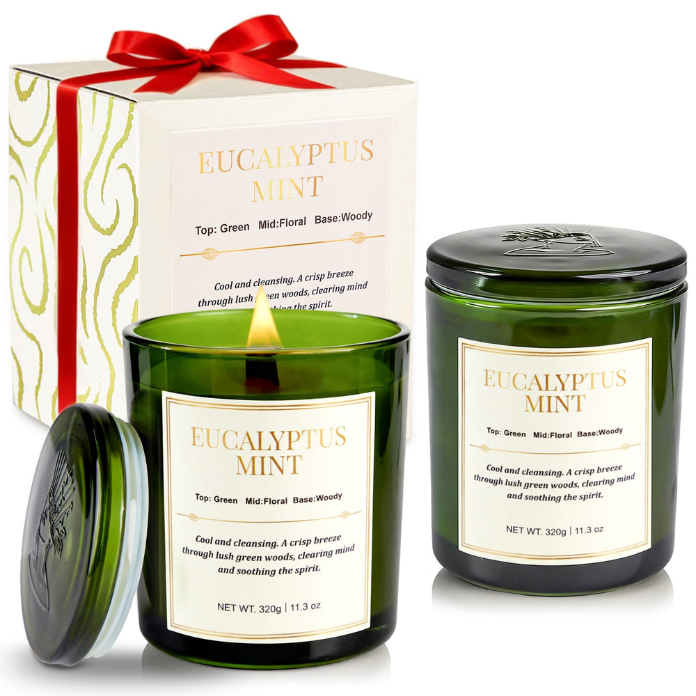 CJVIUS wood wick eucalyptus mint candle crackling flame enhances cozy ambiance.
