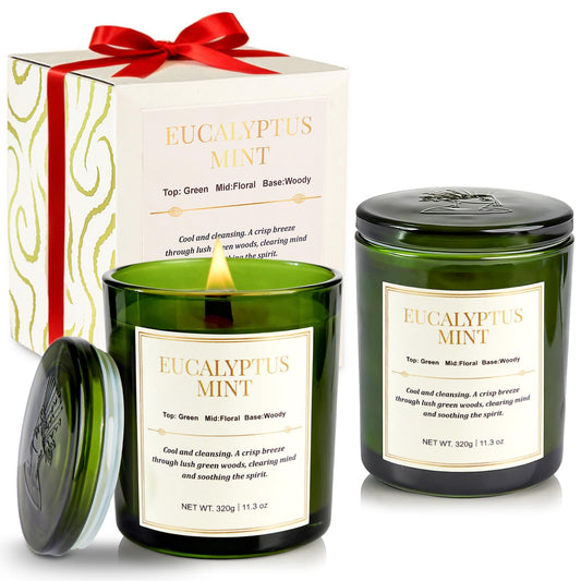 CJVIUS wood wick eucalyptus mint candle crackling flame enhances cozy ambiance.