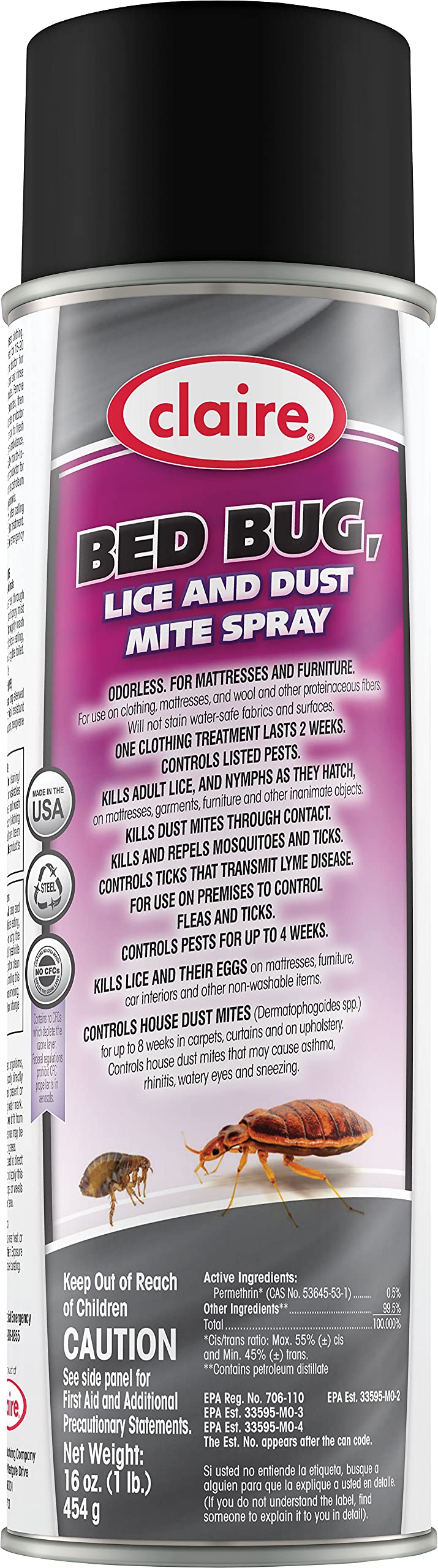Claire CL006-12pk Bed Bug Killer bottle close-up showing odorless formula for fabrics