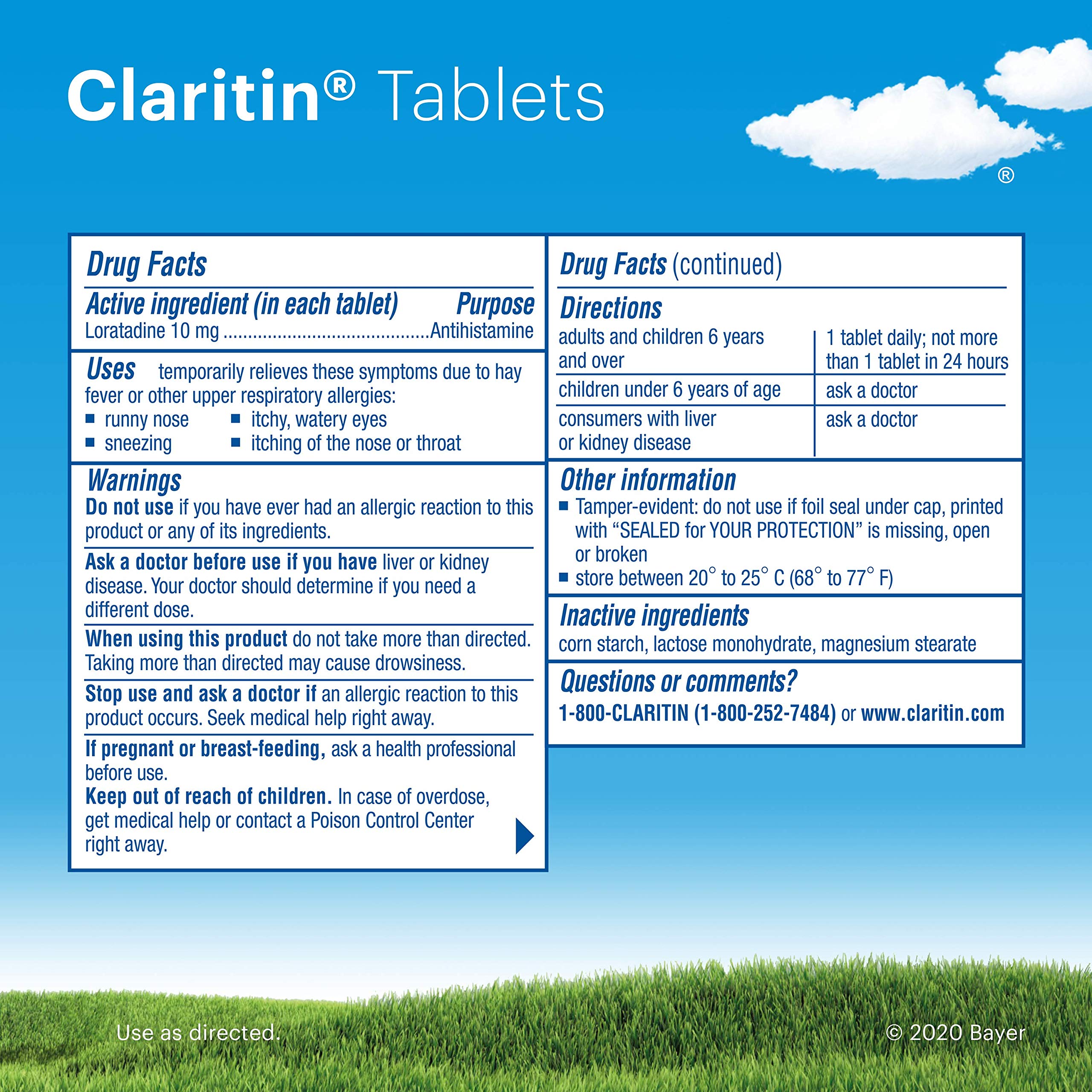 Claritin 10 mg loratadine tablet close-up indicating daily relief.