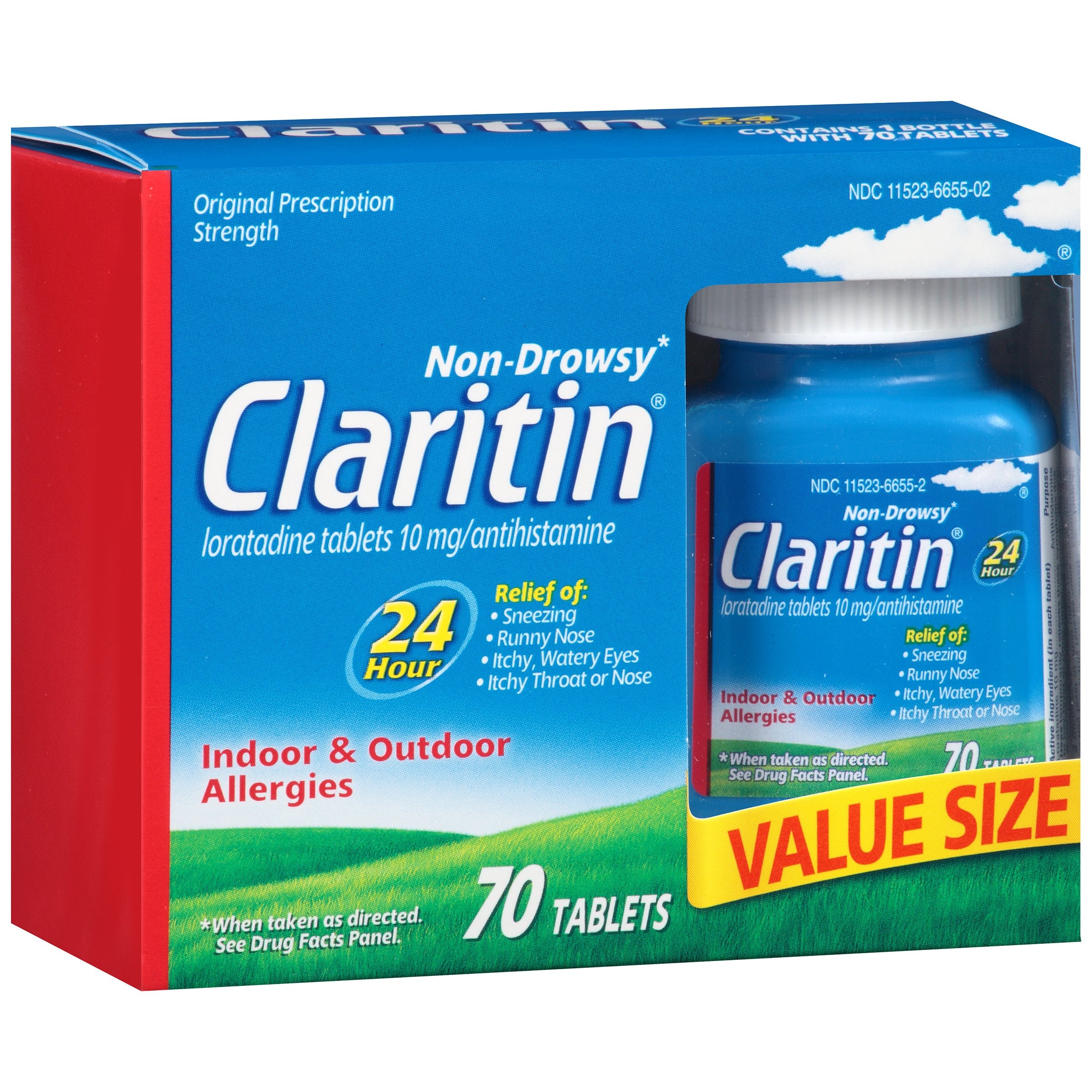Claritin 24-hour relief tablet with 10 mg loratadine for non-drowsy relief.