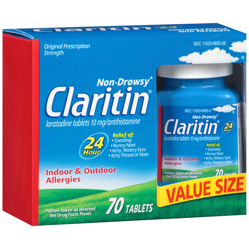 Claritin 24-hour relief tablet with 10 mg loratadine for non-drowsy relief.