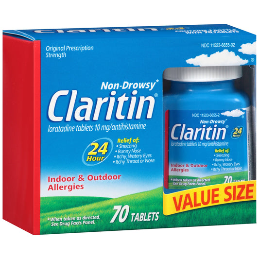 Claritin 24-hour relief tablet with 10 mg loratadine for non-drowsy relief.