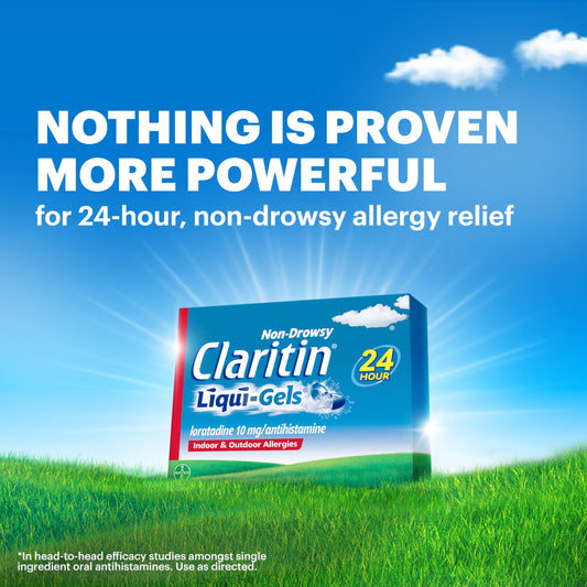 Claritin Liquid-Gels bottle closeup highlighting non-drowsy, all-day allergy support