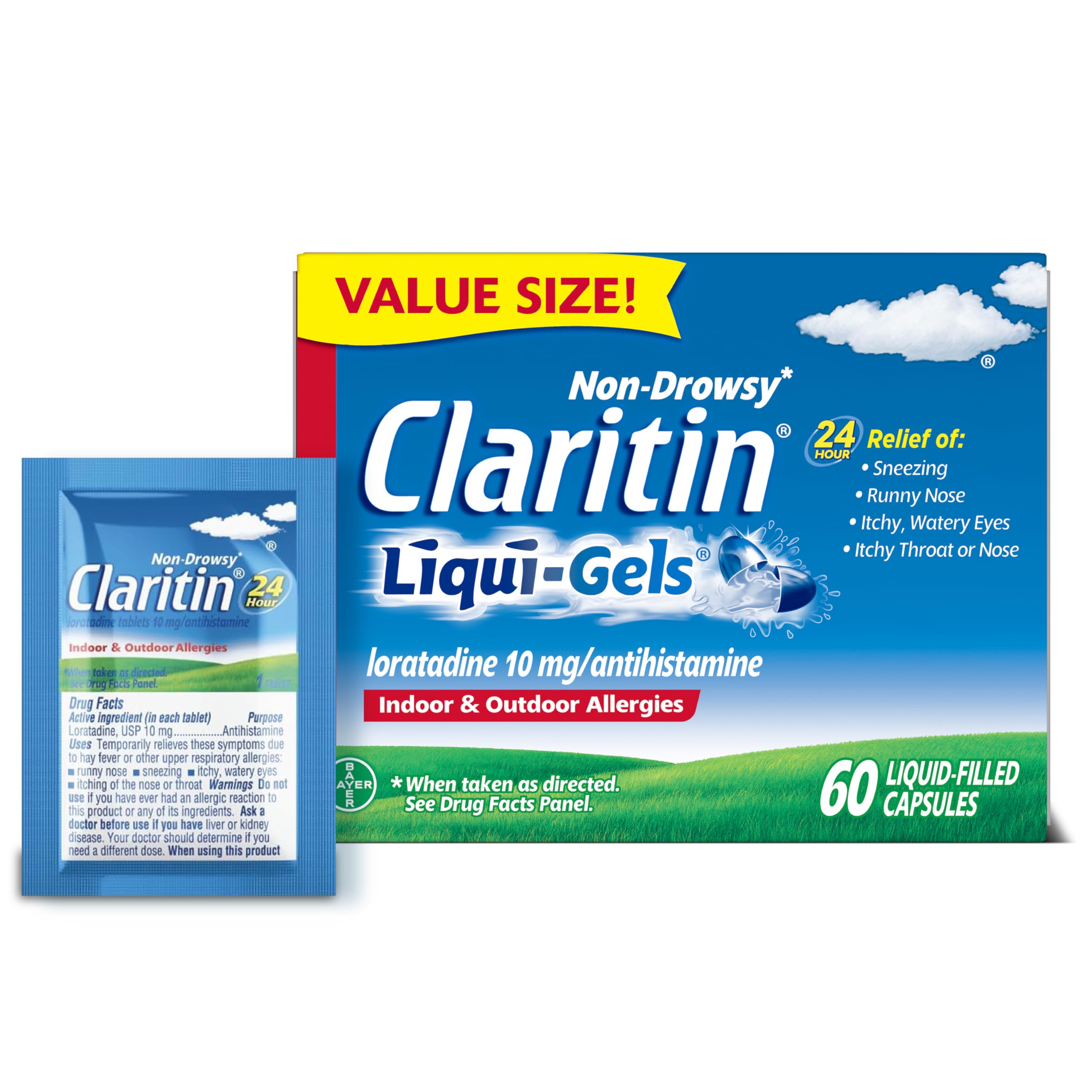Claritin Liquid-Gels front label showing 10 mg loratadine for 24-hour relief
