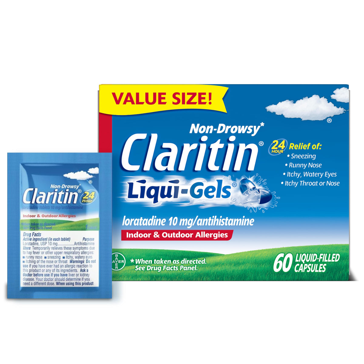 Claritin Liquid-Gels front label showing 10 mg loratadine for 24-hour relief