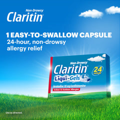Claritin Liquid-Gels pour-out demonstrates easy dosing for on-the-go use