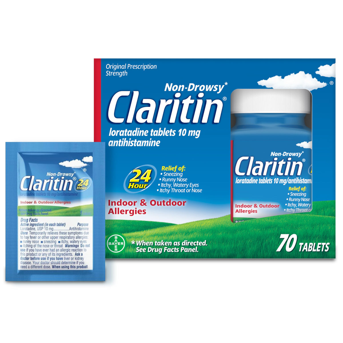 Claritin bottle front view showing daily allergy relief for adults