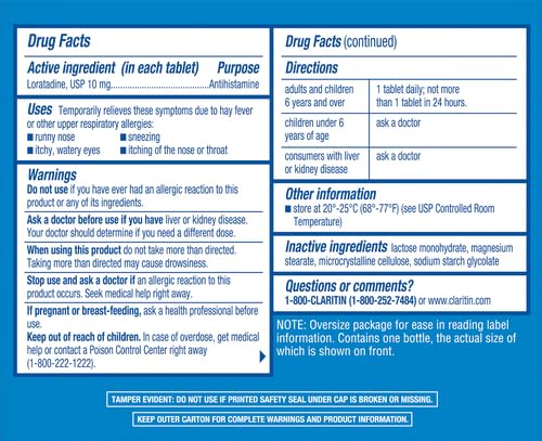 Claritin bottle label shows 70-count supply for ongoing allergy relief.