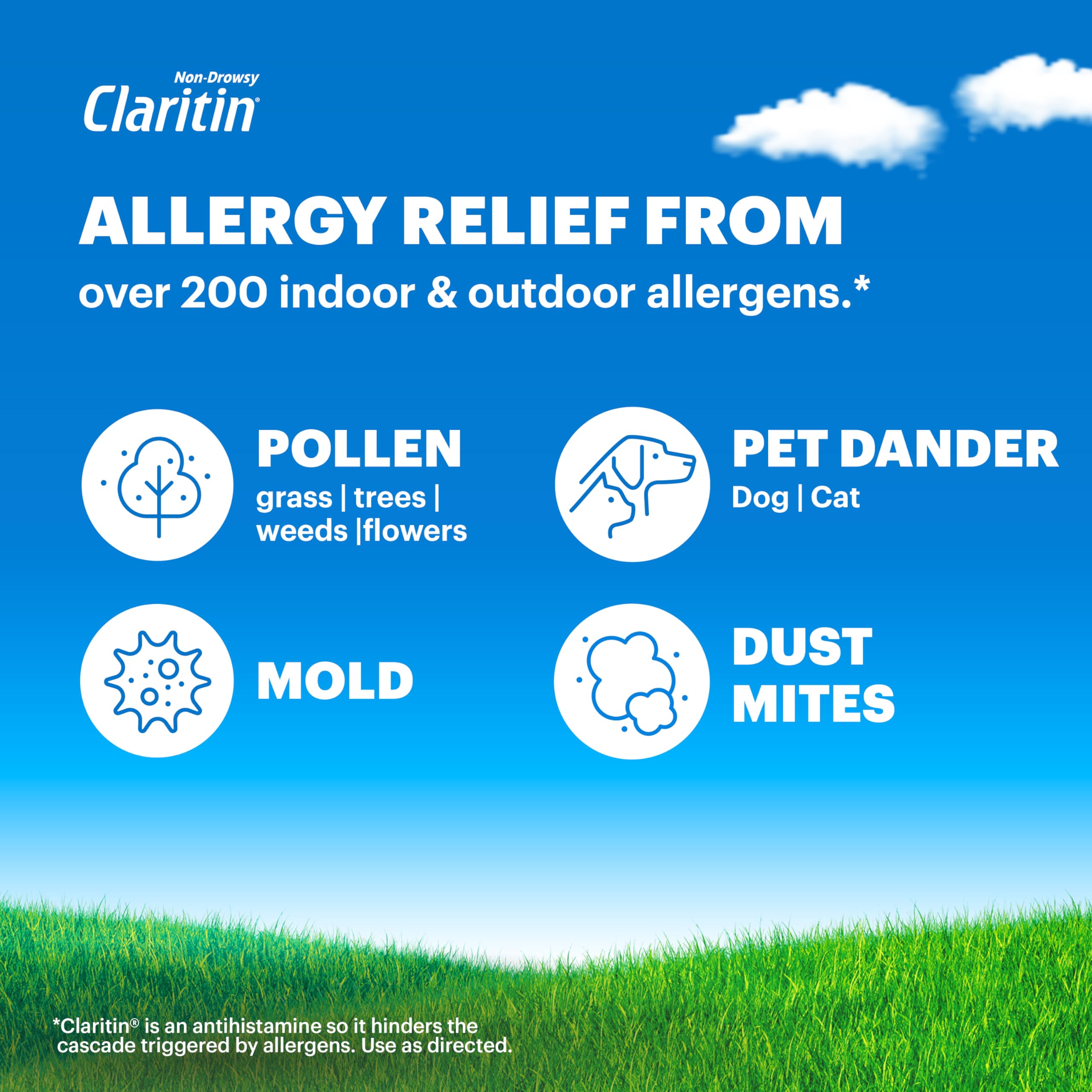 Claritin box and packaging emphasizes trusted brand and all-day support