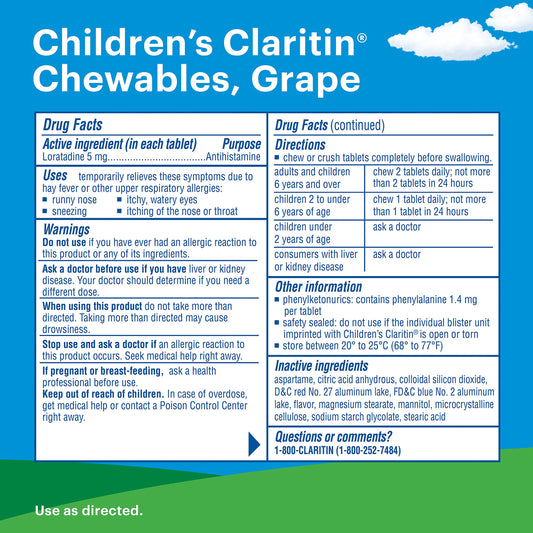 Claritin Children's Chewables Grapes bottle closed for on-the-go use