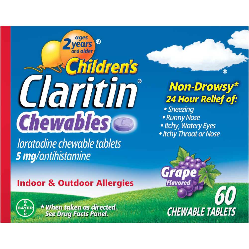 Claritin Children's Chewables Grapes front label shows kid-friendly non-drowsy relief