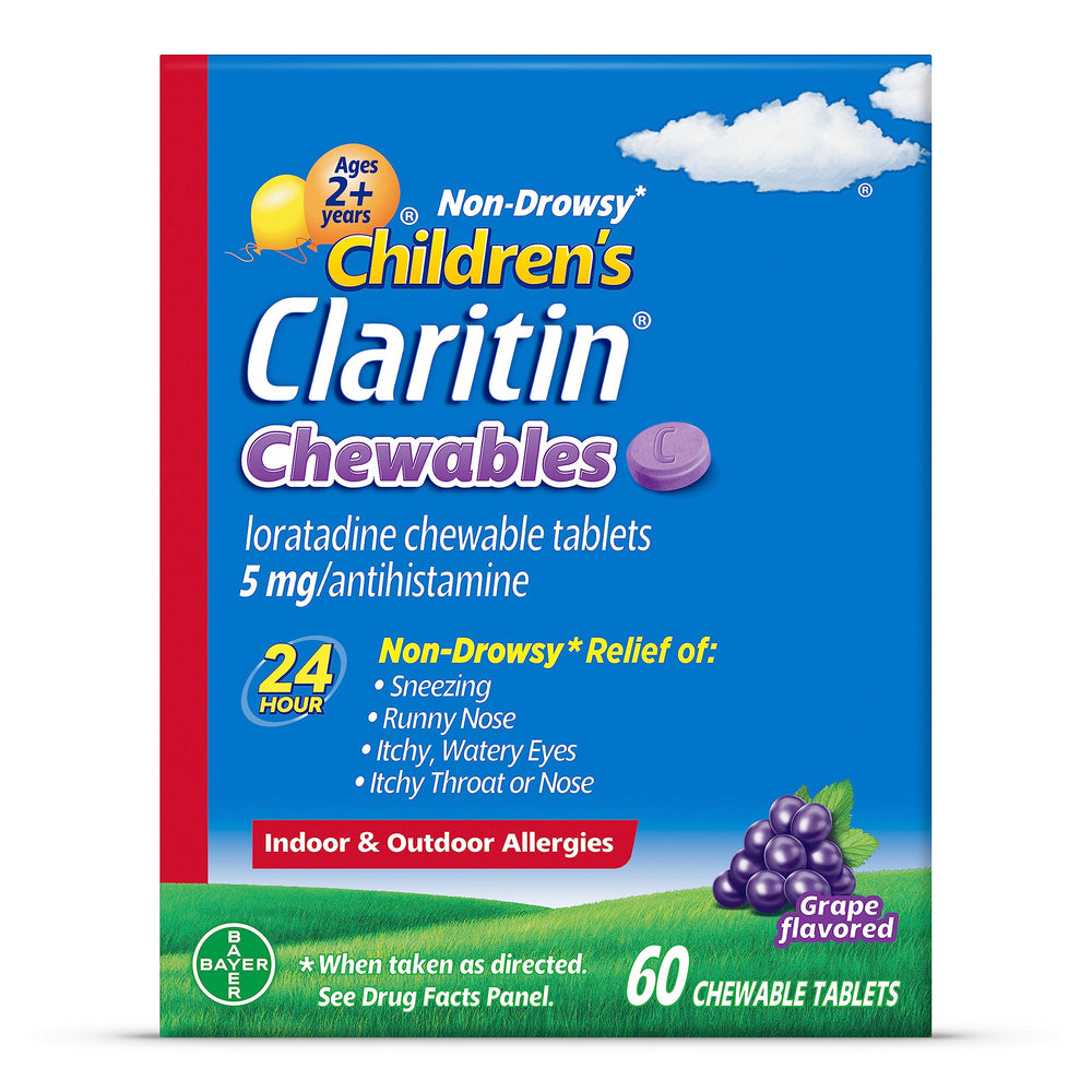 Claritin Children's grape chewables tablets for 24-hour non-drowsy relief.