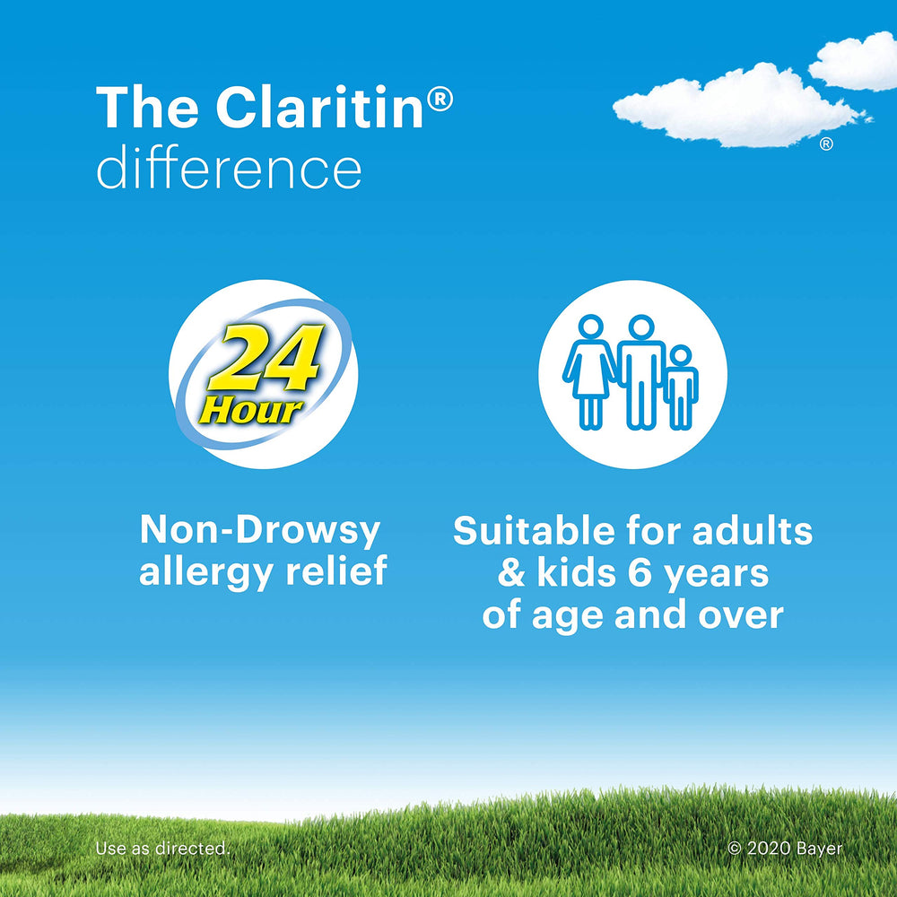 Claritin label highlights 24-hour relief for allergy symptoms.