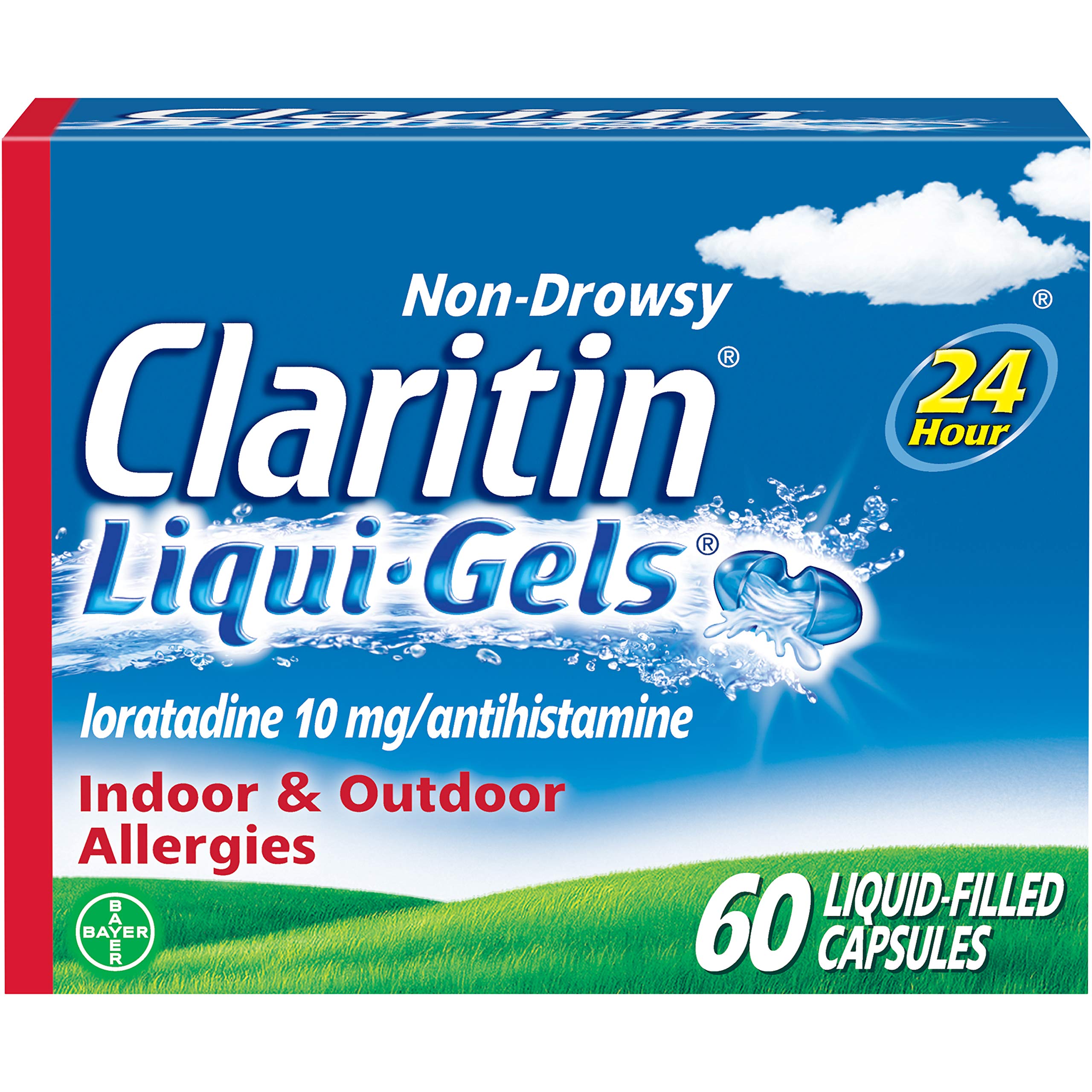 Claritin Liqui-Gels bottle front, 60-count, for all-day allergy relief.