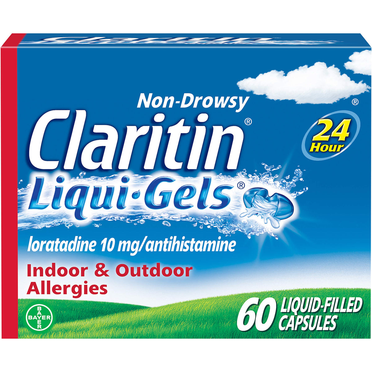 Claritin Liqui-Gels bottle front, 60-count, for all-day allergy relief.