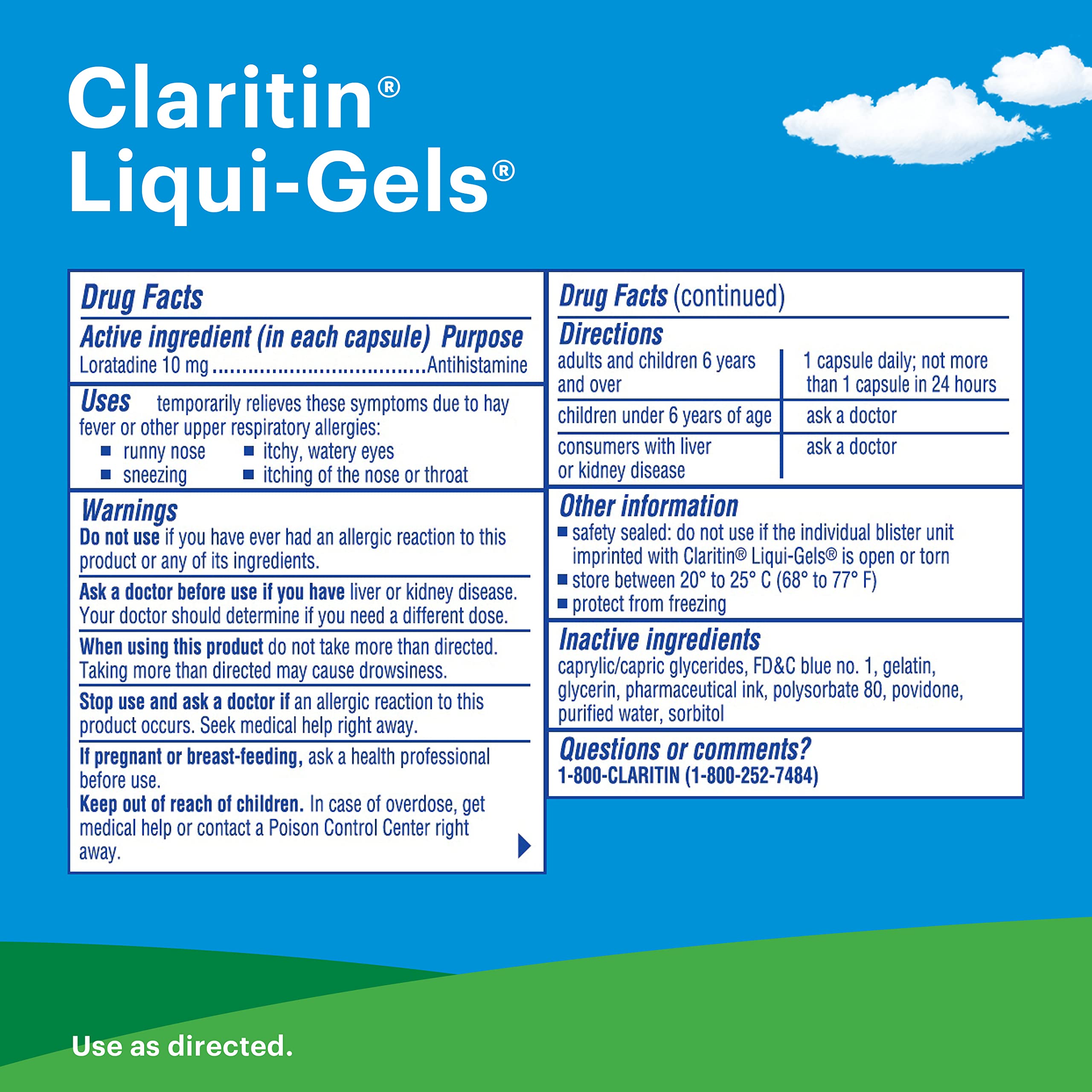 Claritin Liqui-Gels bottle being poured, highlighting easy daily dosing.