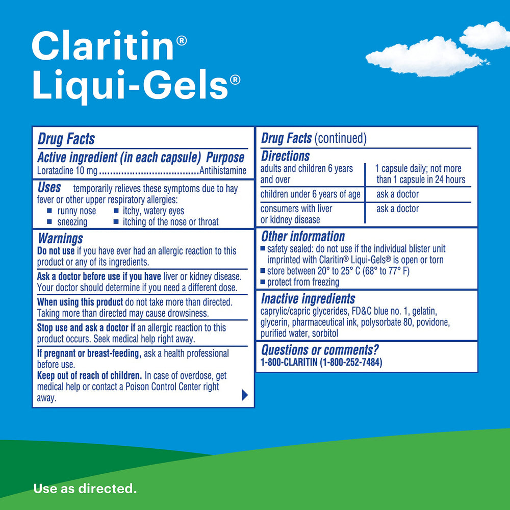 Claritin Liqui-Gels bottle being poured, highlighting easy daily dosing.