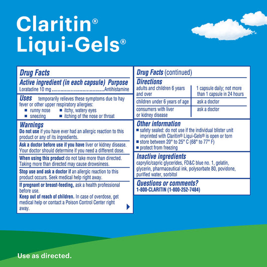 Claritin Liqui-Gels bottle being poured, highlighting easy daily dosing.
