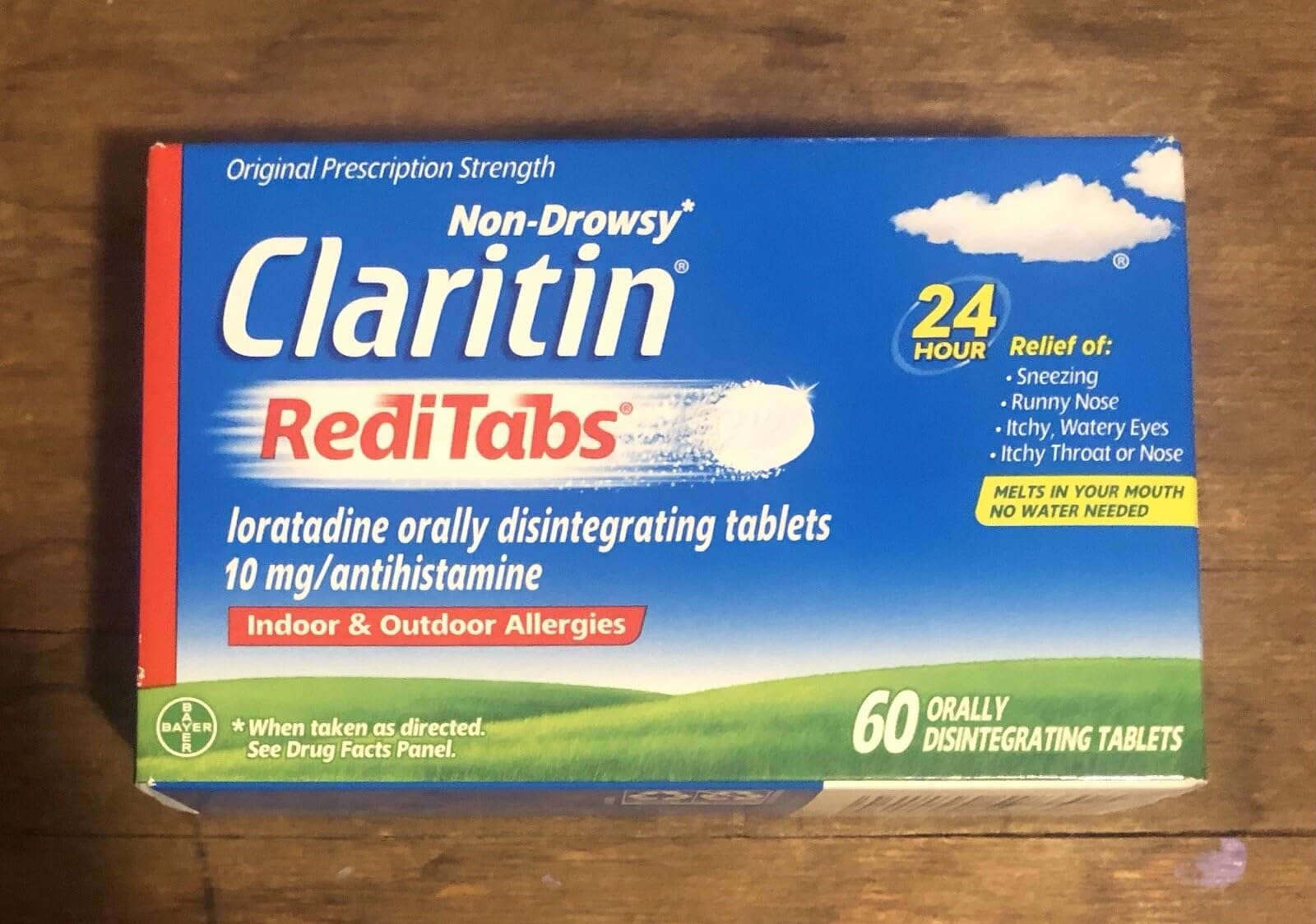 Claritin RediTabs 24-hour relief bottle helps you stay alert and comfortable all day.
