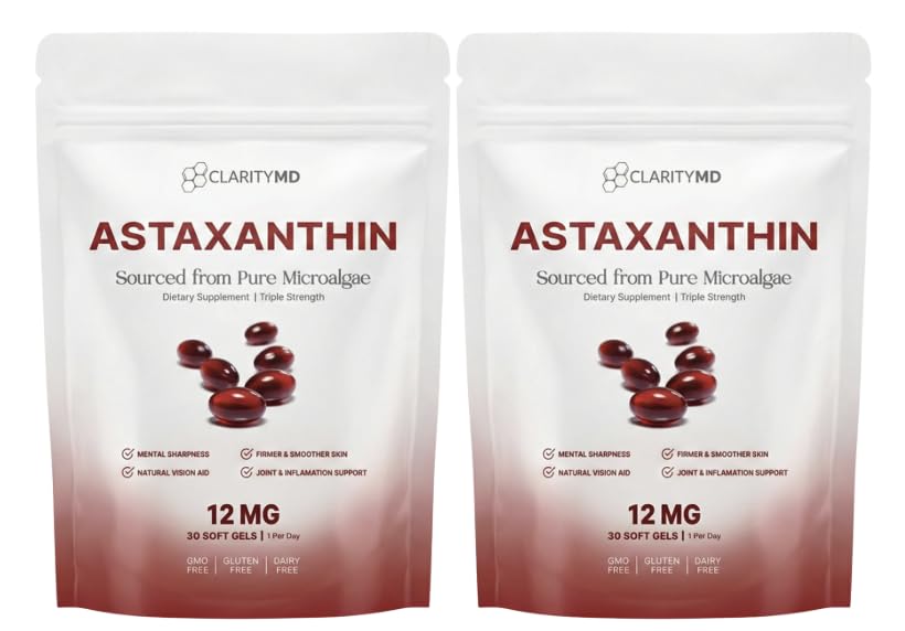 ClarityMD Astaxanthin 12mg softgels highlighting antioxidant support potential.