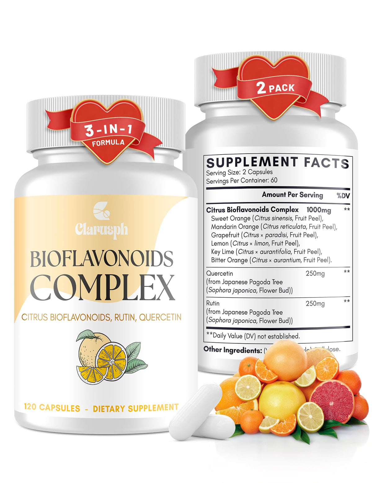 Clarusph Citrus Bioflavonoids bottle on clean background highlighting circulation support.