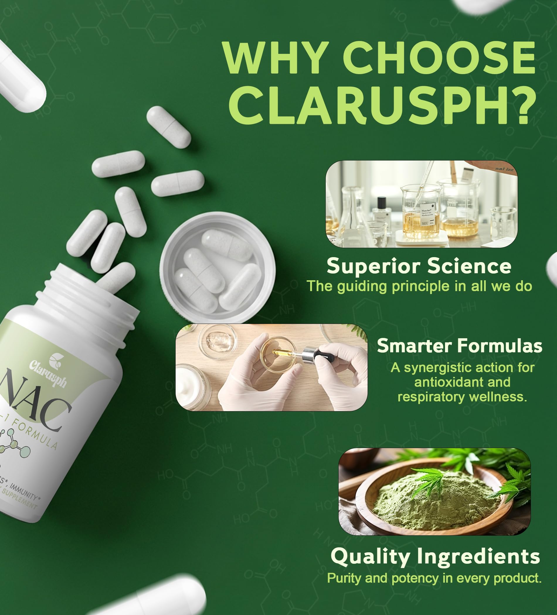 Clarusph NAC bottle with bromelain visual implying respiratory support benefits.