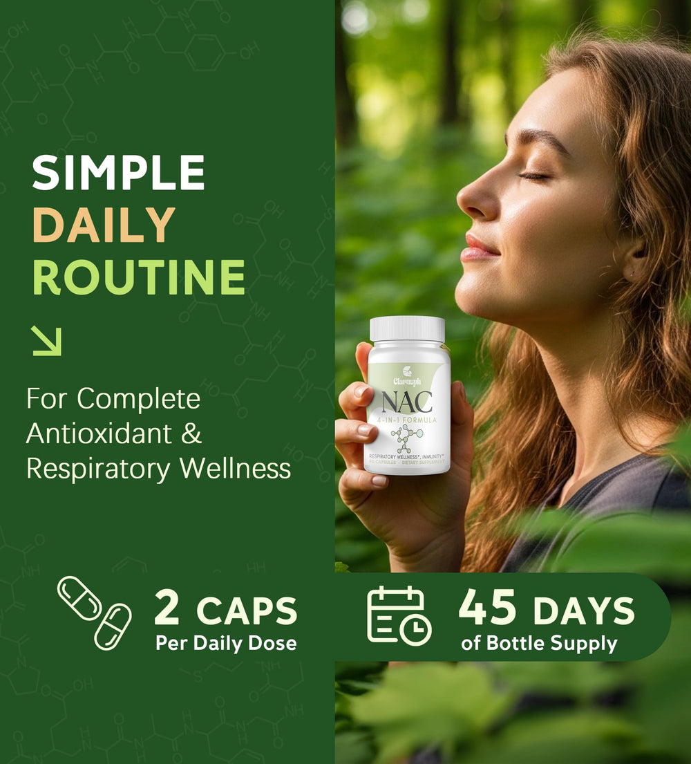 Clarusph NAC capsules highlighting glycine for enhanced glutathione absorption potential.