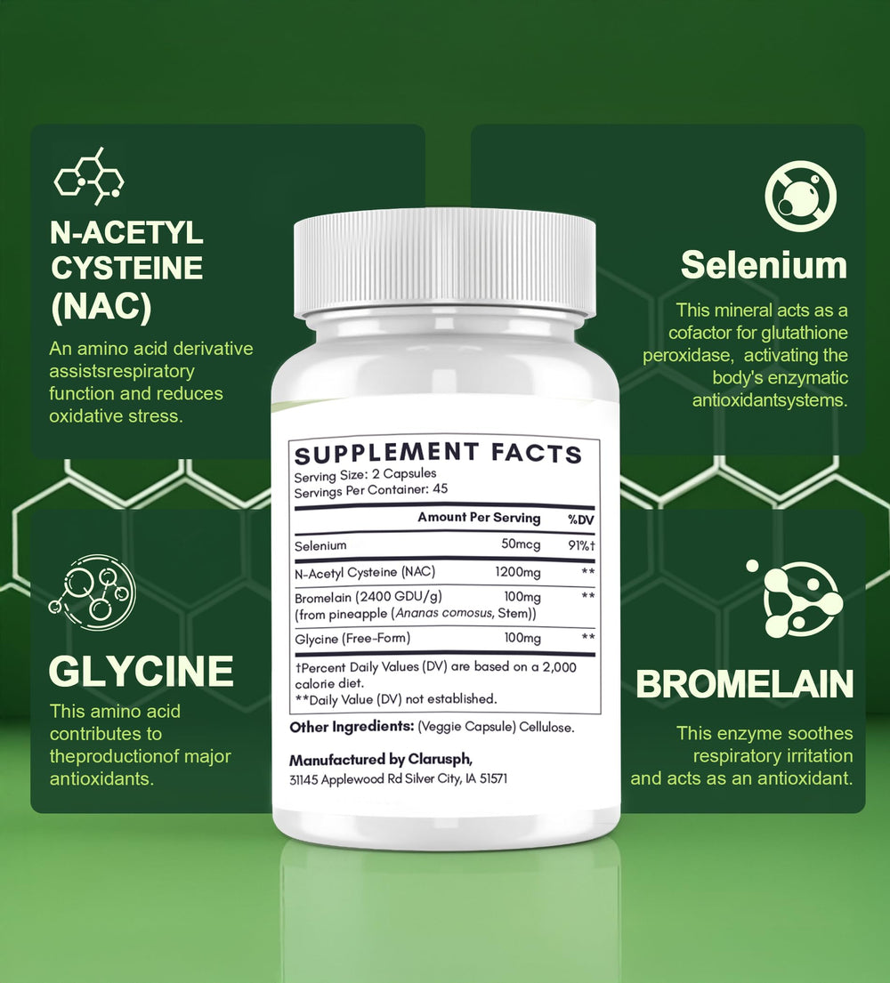Clarusph NAC ingredients blend image illustrating glycine, bromelain, and selenium synergy.