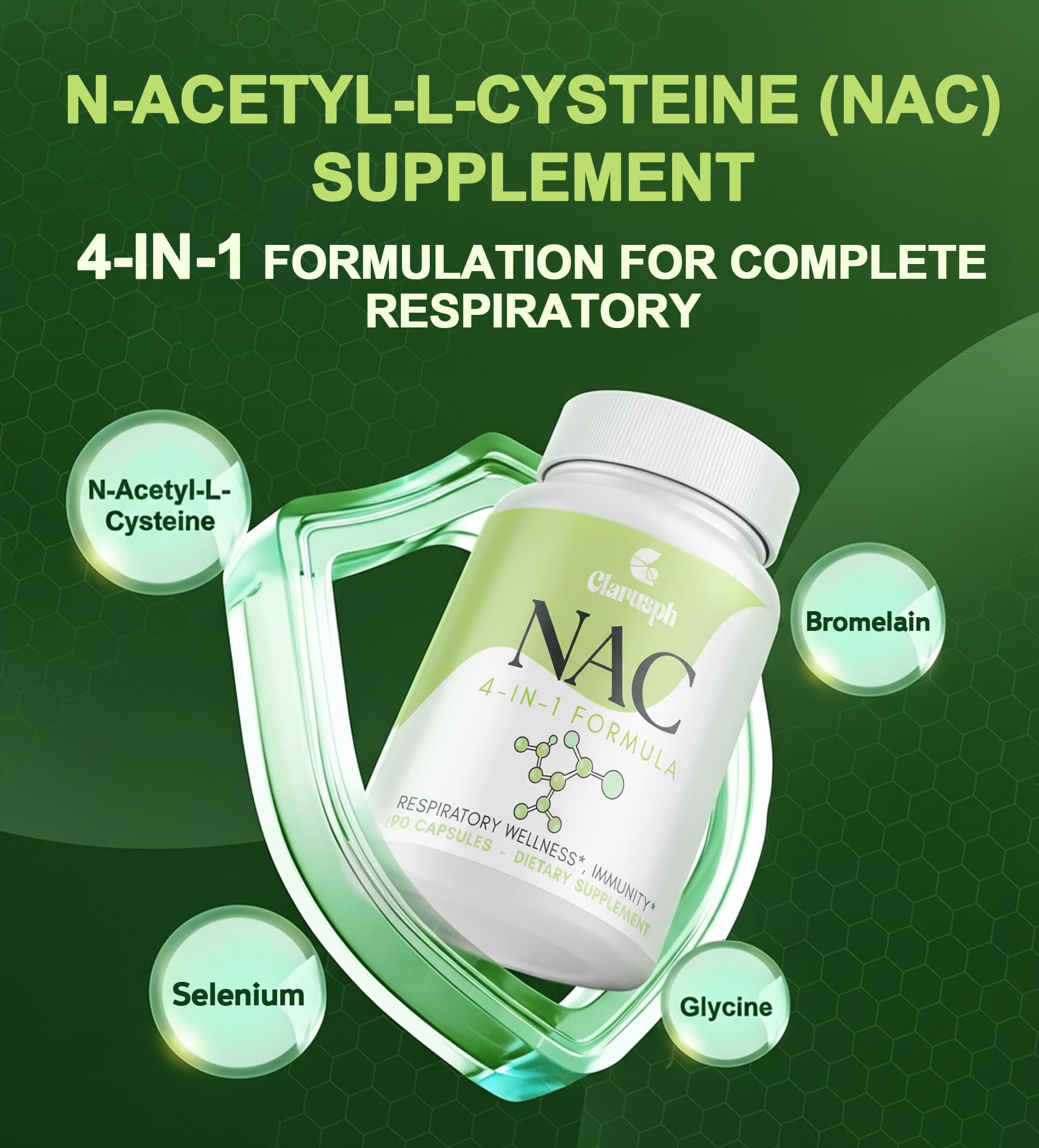 Clarusph NAC supplement image shows selenium inclusion supporting antioxidant-friendly formulation.