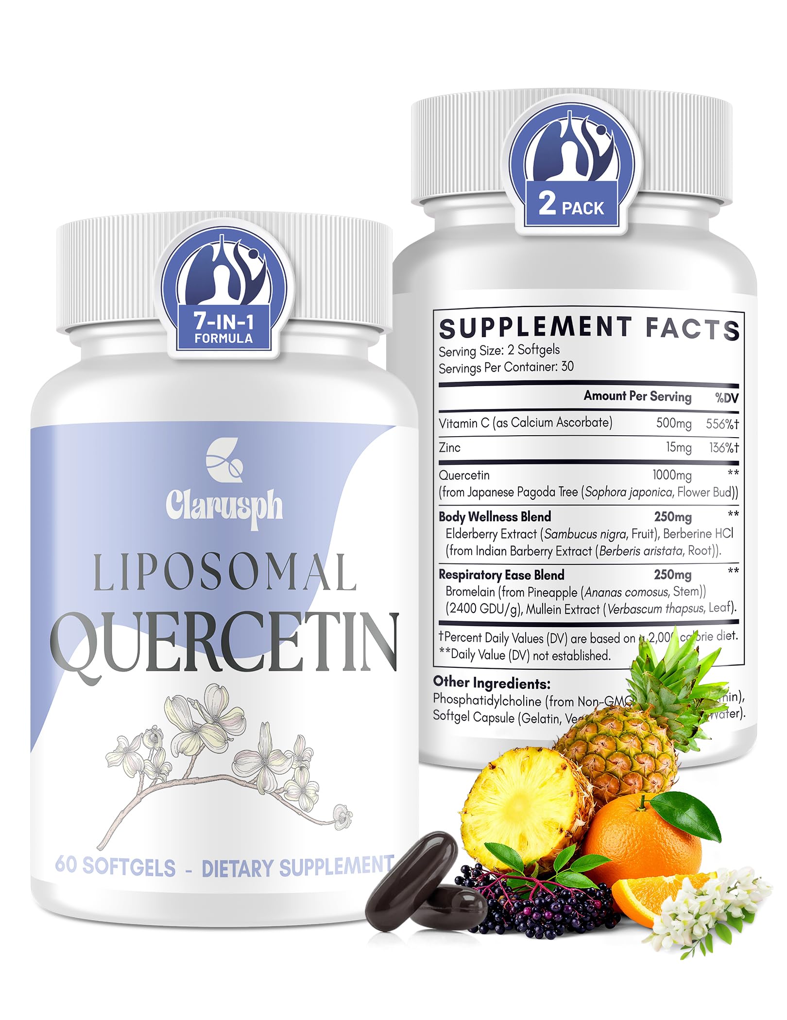 Clarusph Quercetin bottle demonstrates liposomal delivery for enhanced absorption.