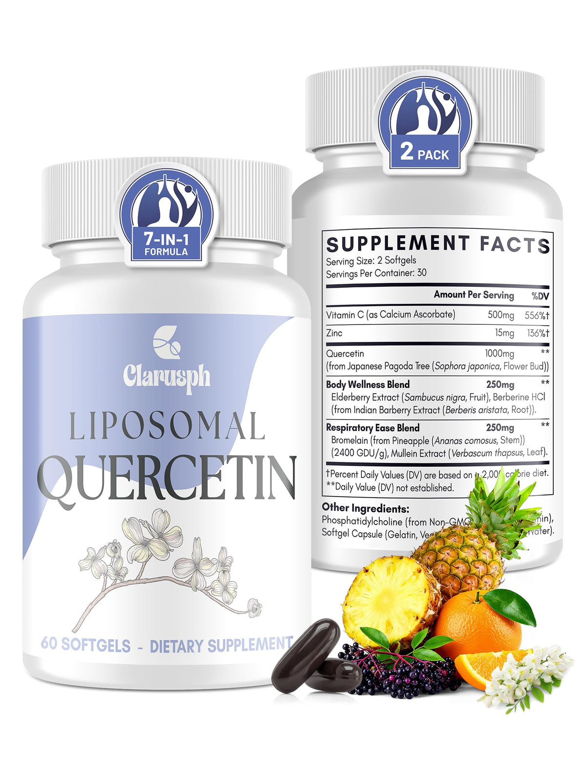 Clarusph Quercetin bottle demonstrates liposomal delivery for enhanced absorption.